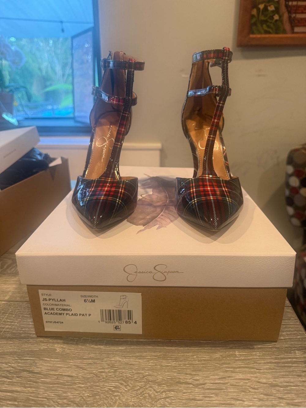 Jessica Simpson Plaid Pointed-Toe T-Strap Pumps in Blue Combo